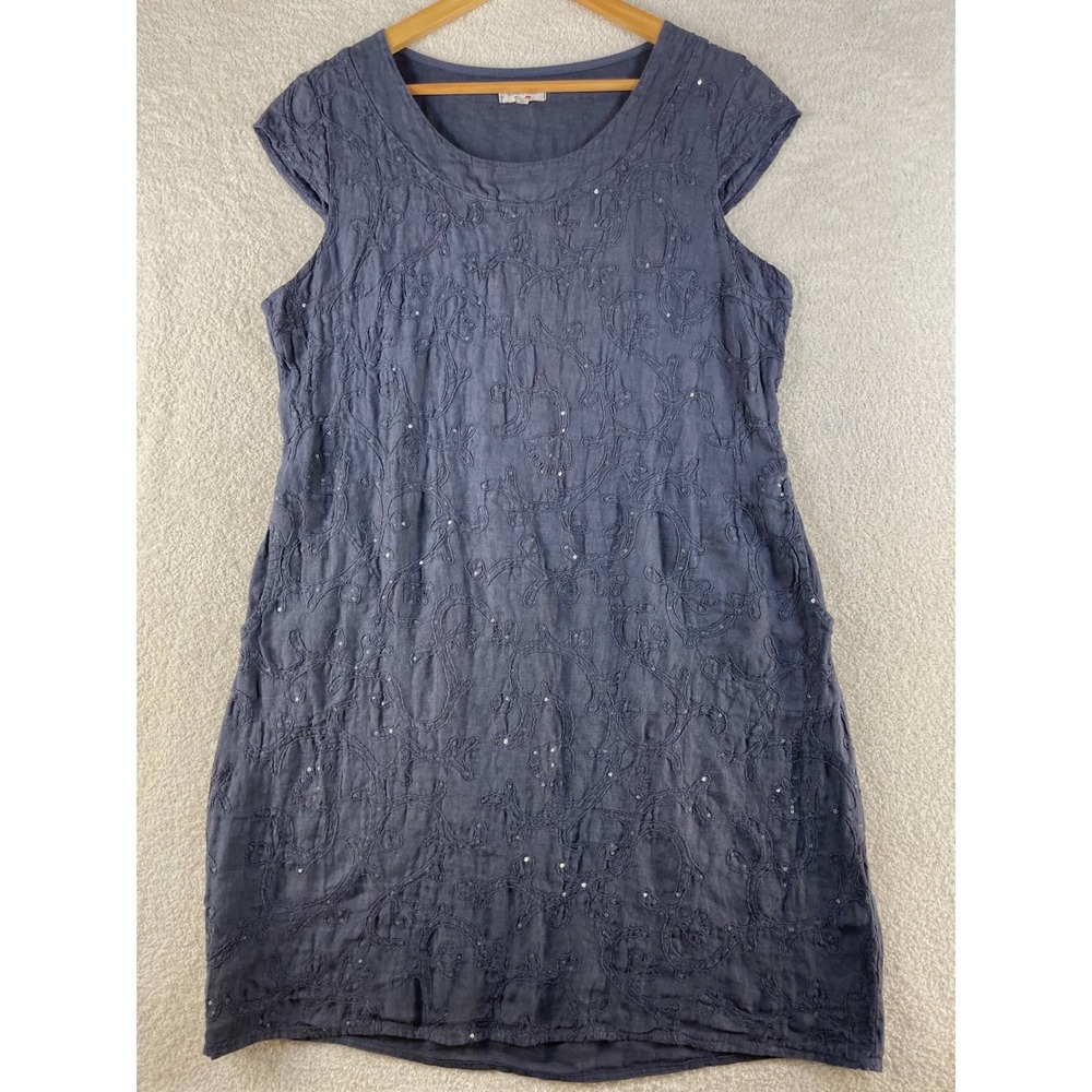 100% linen shift dress sequin embroidered lina tomei XL made in italy lagenloook